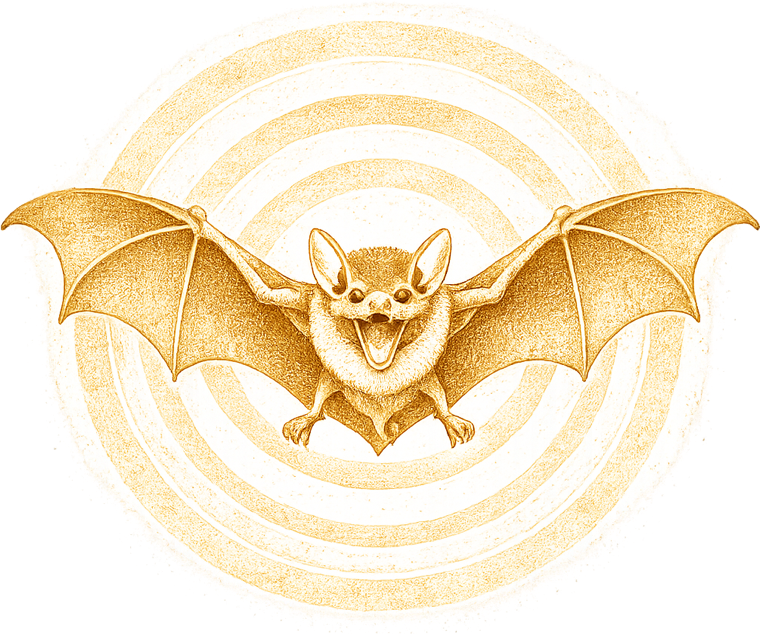 Ilustración en trama amarilla: un murciélago con las alas abiertas sobre ondas concéntricas de sonido.