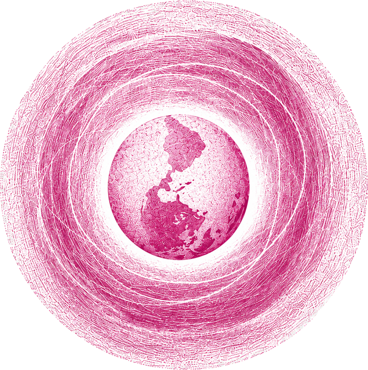 Ilustración en trama rosa: un globo terrestre rodeado de anillos concéntricos, como una onda que se expande.